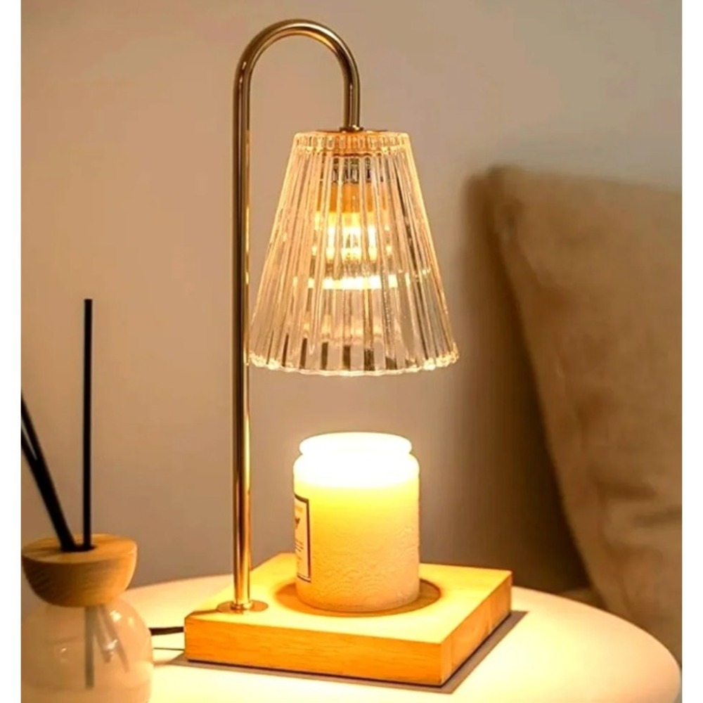 Candle Warmer Lamp Wood Base Glass Shade NEW Dimmable Timer Wax Melter Flameless